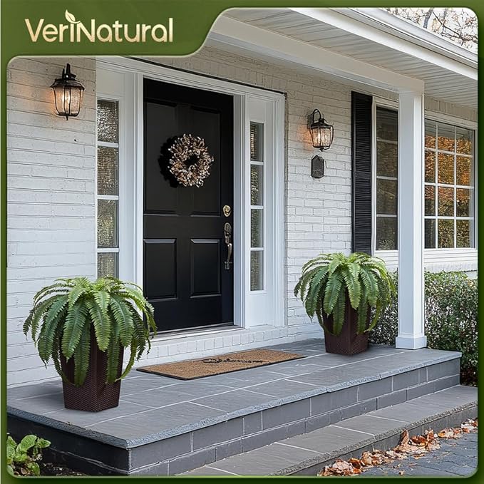 48" Boston Ferns Artificial Outdoor Plants - 39 Fronds UV Resistant Faux Greenery with Taper Planter- Realistic Fake Bushes Front Porch Decor for Garden, Patio, Indoors - Set of 1, VN153