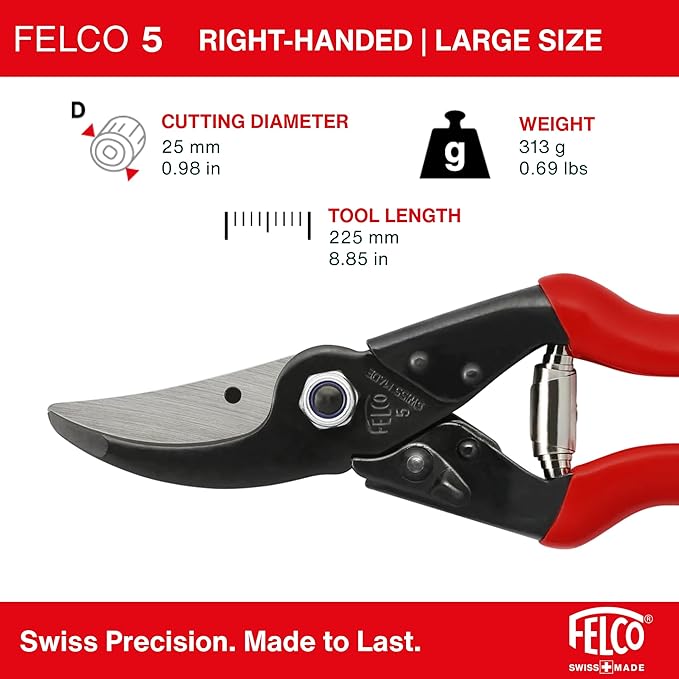 Felco F5 Pruning Shears – 8.9" All Steel Large Swiss-Made Garden Clippers| Hand Pruners for Garden & Landscape | Garden Tool Cutter with Precision Bypass Blade, Forged Aluminum Body, Replaceable Parts