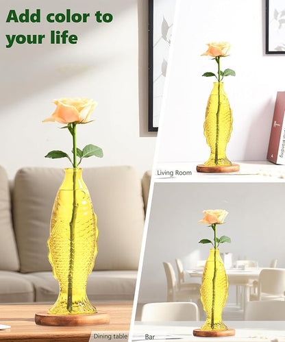 Nacome Fish Vase Propagation Stations: Glass Plant Terrarium with Wooden Stand for Home Office Desk Decor, Unique Gifts for Plant Lovers Women Mom (Yellow)