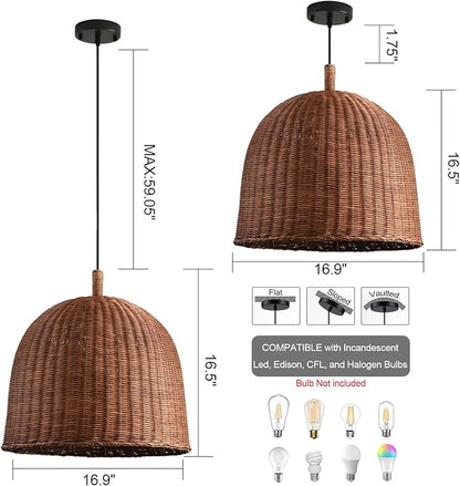 17" Rattan Pendant Light Fixtures, 3-Lights Boho Chandelier Hand Woven Pendant Light Farmhouse Hanging Light for Living Room Kitchen Island Dining Room Hallway