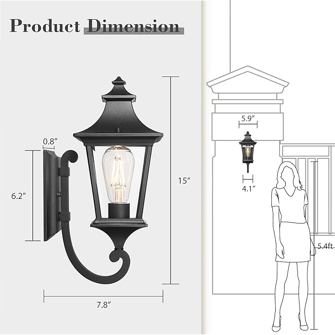 Emliviar 2 Pack Outdoor Sconces Wall Lighting, 15 Inch Modern Outdoor Wall Light with Clear Glass, Black Finish, XE292UB-2PK BK