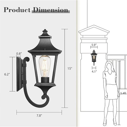 Emliviar 2 Pack Outdoor Sconces Wall Lighting, 15 Inch Modern Outdoor Wall Light with Clear Glass, Black Finish, XE292UB-2PK BK