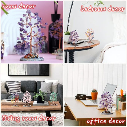 Amethyst Healing Crystal Tree of Life Natural Gemstone Agate Slice Base Copper Wire Wrapped Money Trees Feng Shui Reiki Spiritual Energy Decorations Home Office Room Desk Decor Gifts for Women Men