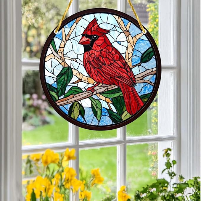 Acrylic Stained Window Hanging Cardinal Acrylic Decoration for Indoor Outdoor Home Bar Office Garden Plastic Ornament Decor 12x12 Inch