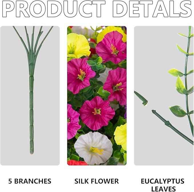 Artificial Hanging Flowers for Outdoor, 8 PCS Silk Morning Glory Faux Flowers with Eucalyptus Leaves,Realistic Hanging Plants for Wedding Home Office Garden Decor