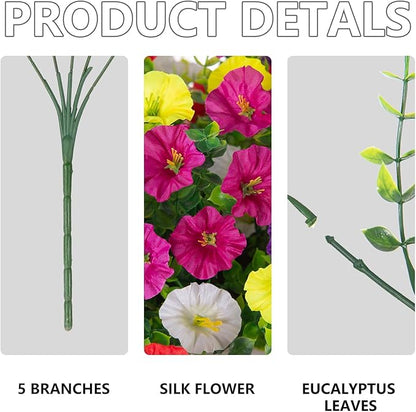 Artificial Hanging Flowers for Outdoor, 8 PCS Silk Morning Glory Faux Flowers with Eucalyptus Leaves,Realistic Hanging Plants for Wedding Home Office Garden Decor