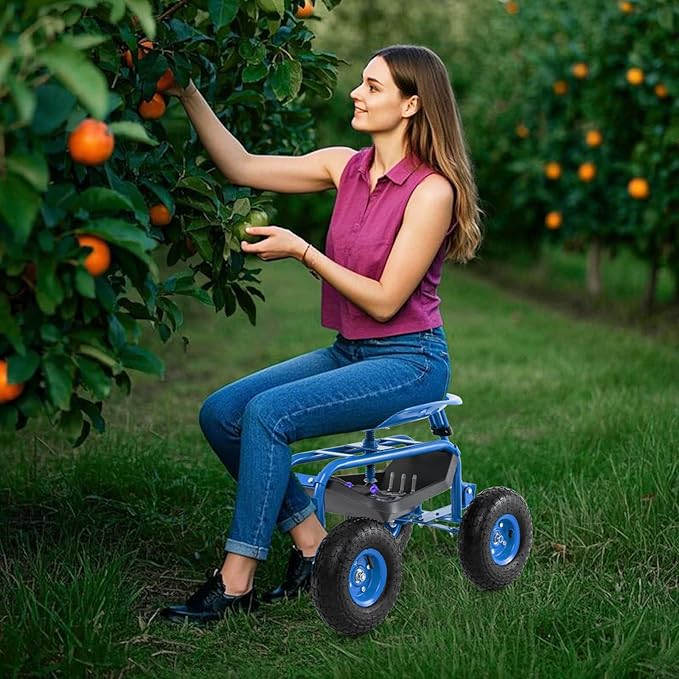 Goplus Rolling Garden Cart with Seat, Outdoor Garden Stool with Wheels, Tool Tray & Basket, Adjustable Steering Handle, 360 Degree Swivel Seat for Planting, Gardening Scooter for Lawn, Yard, Patio