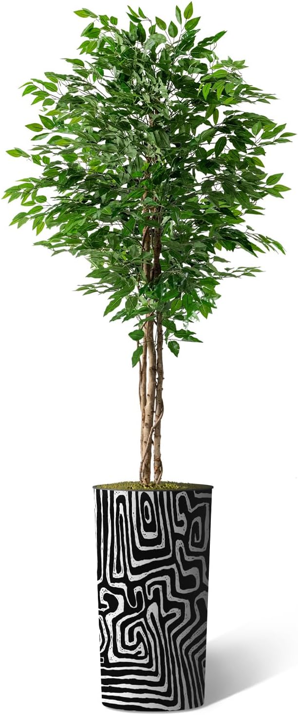 Artificial Tree in Modern Geometric Pattern Planter, Fake Ficus Silk Tree for Indoor and Outdoor Home Decoration - 75" Overall Tall (Plant Pot Plus Tree)