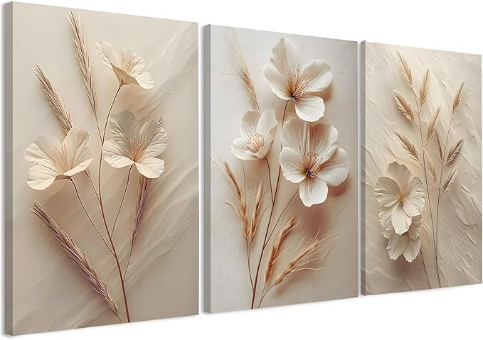 FYLDPSB 3Pcs Unframed Neutral Beige Floral Canvas Wall art, Modern Simple Texture Plant Painting Wall Decor, Vintage Flower Poster Prints for Living Room Bedroom Farmhouse Ready to Hang 16''L x 12''W
