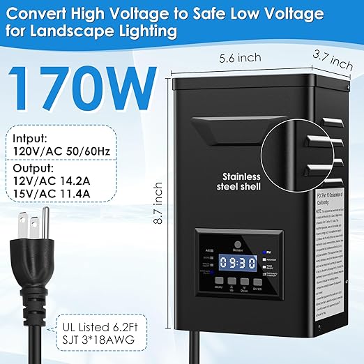 170W Low Voltage Landscape Transformer with Timer & Photocell for Landscape Lighting, 120V to 12V/15VAC, Stainless Steel, Weatherproof for Outdoor Landscape Lights,Yard Lights,Garden Lights