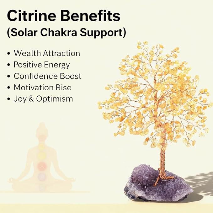 Gemstone Crystal Tree of Life,Natural Citrine(406 Stones Count) with Amethyst Cluster Base,Chakra Healing Crystals Positive Energy Fengshui Bonsai Money Tree Gift 8.5"-9"