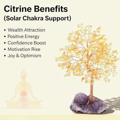 Gemstone Crystal Tree of Life,Natural Citrine(406 Stones Count) with Amethyst Cluster Base,Chakra Healing Crystals Positive Energy Fengshui Bonsai Money Tree Gift 8.5"-9"