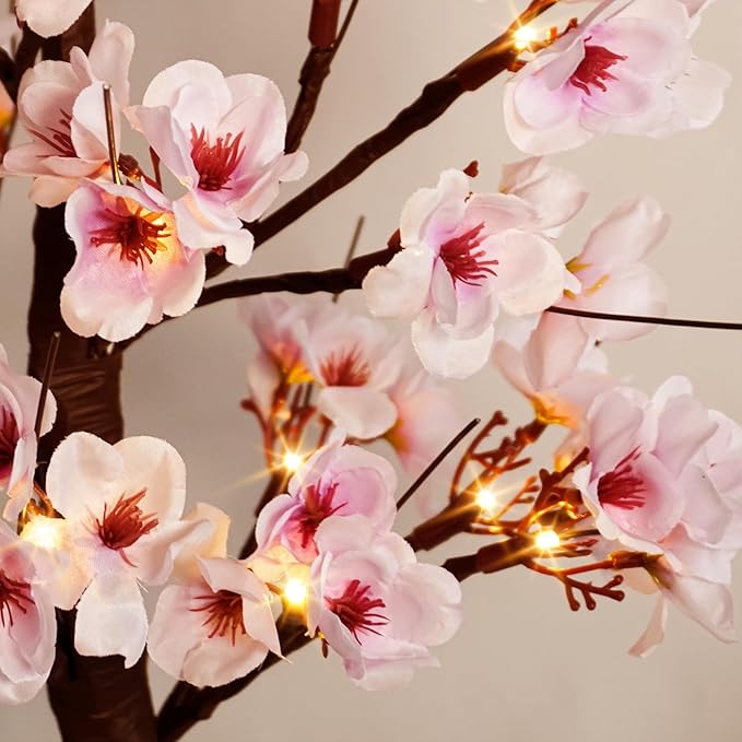 Uieke 2PACK 24IN Lighted Cherry Blossom Tree 48 Warm White LED Tabletop Artifical Bonsai Tree with Timer Battery/USB Operated for Wedding Party Spring Home Indoor Japanese Room Decor
