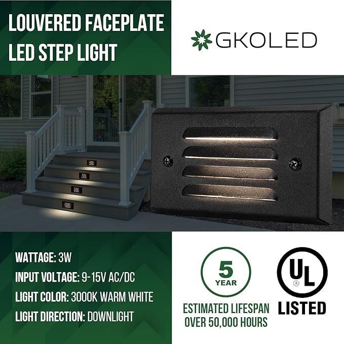 GKOLED 6 Pack Low Voltage LED Stair Light, Surface Mount Outdoor Step Lights with Horizontal Louvered Faceplate for Steps Decks Pathway Stairs Fences, 12V 3W 3000K, IP66 Rated Waterproof, Aluminum