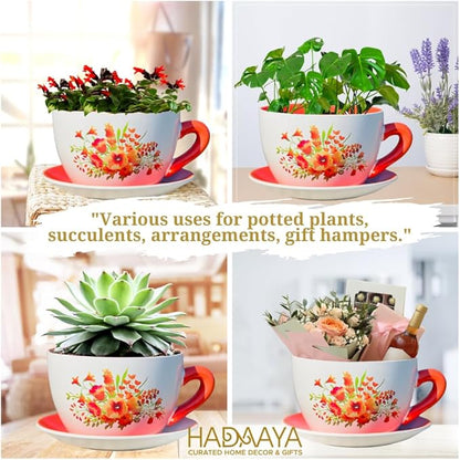7.5" Round Ceramic Teacup Shape Planter Pot with Saucer for Succulents Orchids Herbs Cactus Indoor Houseplants Flowers for Home Garden and Event Decor – Orange Poppy Floral