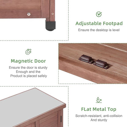 Potting Bench with Storage Cabinet and Metal Table Top for Outdoor Patio, Garden Furniture Wood Workstation