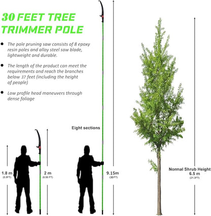 Pole Saw for Tree Trimming - 30 FT Extendable Tree Pruner, Long Handle Tree Trimmer, High Reach Branch Cutter, Heavy Duty Pole Pruning Saw, Tree Cutting Tool for Hard-to-Reach Branches