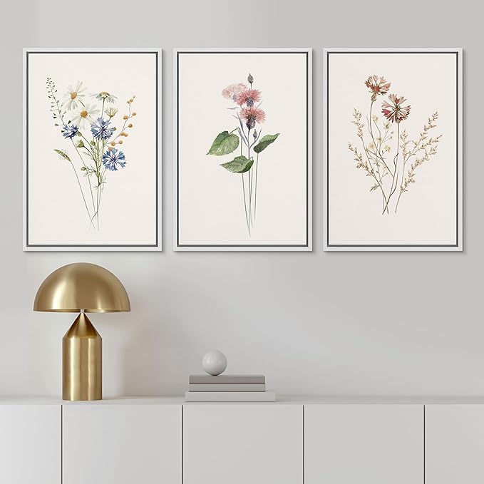 Ashbrook Framed Canvas Print Wall Art Set Pastel Flower Variety Nature Wilderness Illustrations Modern Art Decorative Floral Botanical Minimal Calm/Relax/Cozy for Bedroom - 16"x24"x3 White
