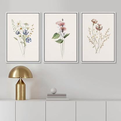 Ashbrook Framed Canvas Print Wall Art Set Pastel Flower Variety Nature Wilderness Illustrations Modern Art Decorative Floral Botanical Minimal Calm/Relax/Cozy for Bedroom - 16"x24"x3 White