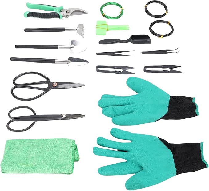 WALFRONT Bonsai Trimming Tools Kit, High Carbon Steel Gardening Set with Pruning Shears, Scissors and Wires for Indoor Bonsai Care