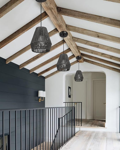 ELYONA Modern Woven Pendant Light Fixtures, 7" Farmhouse Coastal Hanging Lamp, Matte Black Handwoven Rattan Basket Shade, Boho Pendant Light for Kitchen Island Bar,Dining Room, Bedroom,Hallway 3 Pack