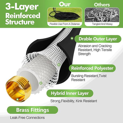 SPECILITE 3/4" Garden Hose 75 ft with High Flow Nozzle, Heavy Duty Flexible Hybrid Rubber Water Hose for Outdoor, Lightweight, Leak-Proof, No-Kink, 3/4"Brass Fittings,Black