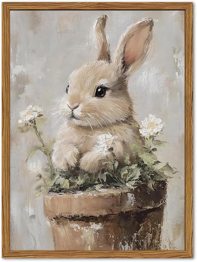 Framed Vintage Rabbit Wall Art Decoration Canvas Prints Posters Living Room Bedroom Kitchen Home Decor 12×16 inch