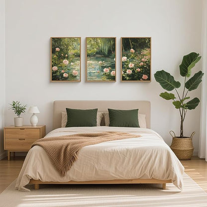 Watercolor Flower Tree Framed Canvas Wall Art Set,Natural White Pink Rose Wildflower Wall Decor,Vintage Dark Green Botanical Artwork for Living Room, Bedroom,Farmhouse- 16"x24"x3
