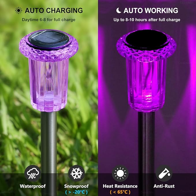 DenicMic Solar Lights Outdoor 10 Pack Waterproof Purple LED Yard Garden Patio Backyard Pathway Walkway Landscape Path Lawn Outside Decorations