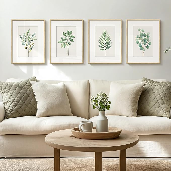 Framed Boho Sage Green Botanical Wall Art for Living Room, Farmhouse Minimalist Plant Artwork for Walls, 4 piece Vintage Leaf Picture Prints for Bathroom Bedroom Kitchen Wall Decor, 12x16 Inch