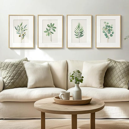 Framed Boho Sage Green Botanical Wall Art for Living Room, Farmhouse Minimalist Plant Artwork for Walls, 4 piece Vintage Leaf Picture Prints for Bathroom Bedroom Kitchen Wall Decor, 12x16 Inch