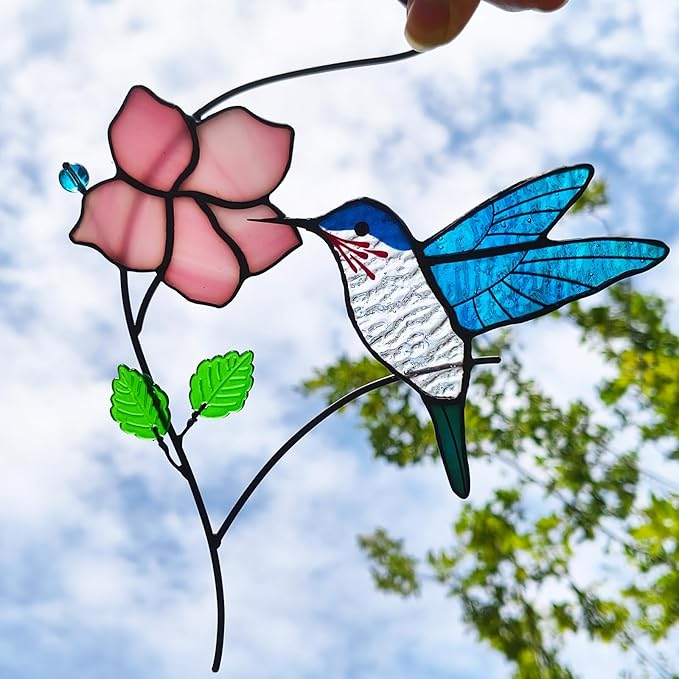 Stained Glass Window Hanging, Handcrafted Hummingbird with Flower Stained Glass Suncatcher for Home Indoor Window Art Decor,Hummingbird Gifts for Women,Mom,Bird Lovers