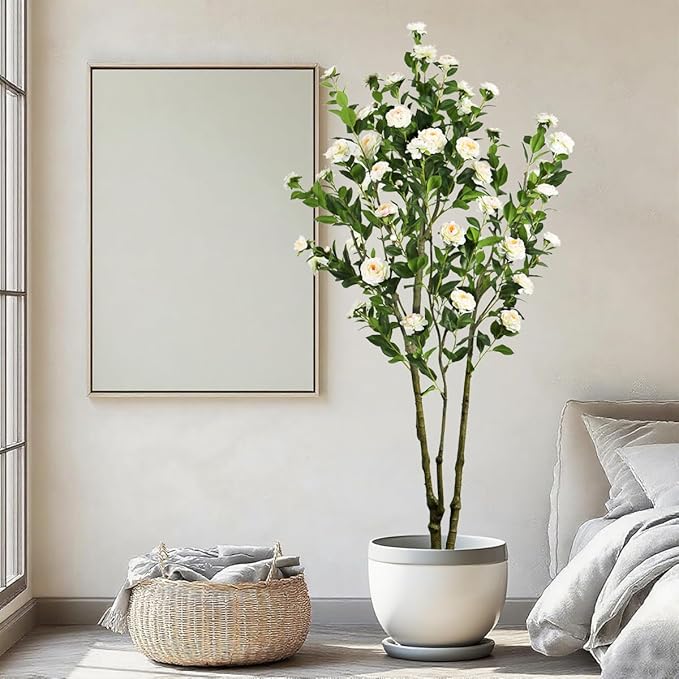 6.89ft Faux Camellia Tree, Handmade Artificial Floral Camellia Tree, Fake Pink White Blooming Flowers Green Leaves, Artificial Plants for Home Front Door Decor Indoor Outdoor Party Wedding