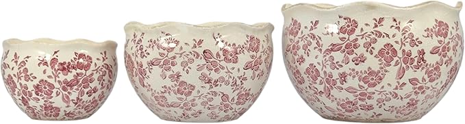 Galt International Ceramic Plant Pots Set of 3 Rustic Vintage Farmhouse Cream Crackle Glaze (11"/ 9.6"/ 7") Garden Indoor Outdoor Flower Planter w/Drainage Hole (Vintage Red)
