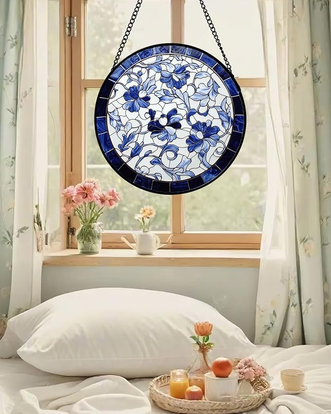 Stained Glass Window Hanging, Blue and White Abstract Flowers Sun Catcher for Door Home Decor Suncatcher Christmas Mother's Day Birthday Gifts for Women Men Mom and Nana 7.8 in