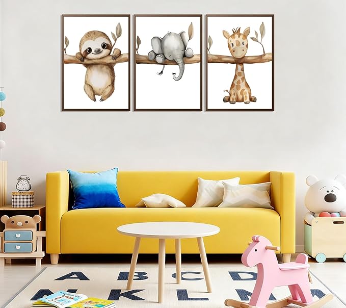 3Pcs Nursery Animal Wall Art Safari Nursery Picture Painting Jungle Animal Wall Decor Cute Elephant Sloth Giraffe Posters Prints Artwork for Boys Girls Baby Room Decoration 12x16in