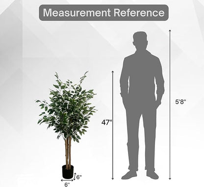 XBrand 47.2-Inches Two-Tone Variegated Artificial Ficus Tree in Pot for Indoor Outdoor Home Office Store, Great Housewarming Gift