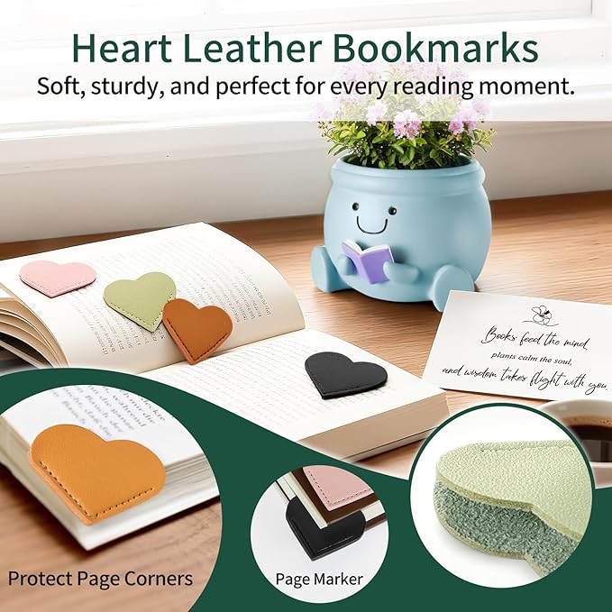 Book Lover Gift Set- Cute Reading Planter Pot with 5 Heart Leather Bookmarks & Quote Card, Cozy Desk Decor for Teacher, Librarian, Women, Mom, Friend, Colleague