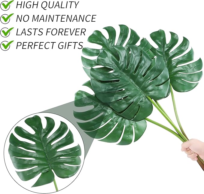 Artificial Monstera Leaves with Long Stem,Fake Tropical Palm Leaves for Hawaiian Luau Jungle Party Home Wedding Decor (4pcs Large)