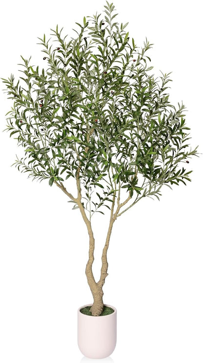 Artificial Olive Tree 8FT Tall, Faux Plants Indoor - Fake Plant with Lifelike Leaves,White Planter - Large Fake Olive Trees for Home Living Room Office Bedroom Floor Decor