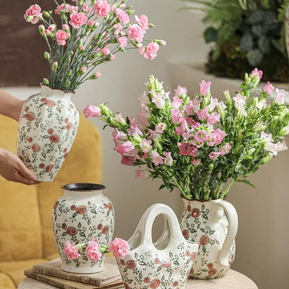 Vintage Ceramic Vase - 8.2 Inch Hand-Painted Roses with Ice Crackle Glaze Finish, American Farmhouse Style Pitcher Vase for Home Decor, Centerpiece, Shelf, Table, Office, Rustic Wedding Gift