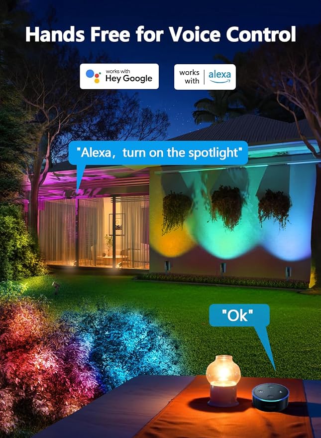 APPECK Smart Landscape Lighting, IP67 Waterproof Landscape Spotlights, 3000LM Dimmable RGBICW Pathway Lights Compatible with Alexa, Spot Lights for Christmas Outdoor Decoration, 4 Pack