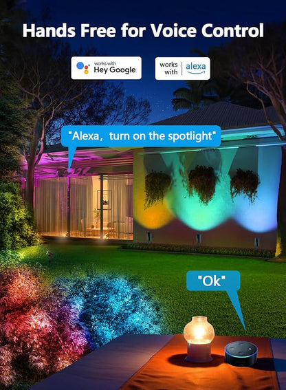 APPECK Smart Landscape Lighting, IP67 Waterproof Landscape Spotlights, 3000LM Dimmable RGBICW Pathway Lights Compatible with Alexa, Spot Lights for Christmas Outdoor Decoration, 4 Pack