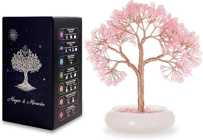 Rose Quartz Crystal Trees of Life for Home Office Desk Deco, Bonsai Tree, Chakra Healing Crystals Stones for Money Good Luck Pink Stone Crystals Birthday Gifts for Women