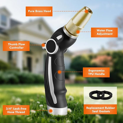 RESTMO High Pressure Hose Nozzle Sprayer, Heavy Duty Brass Head, Metal Water Hose Nozzle for Car Washing, Garden Cleaning, Lawn and Plant Watering, 4 Spray Patterns, Silver