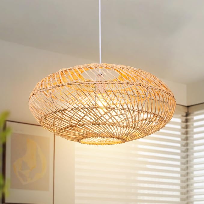Arturesthome Natural Rattan Pendant Light, Woven Round Chandelier Pendant Lamp Shade, Hanging Ceiling Light, Handmade Lampshade for Kitchen Island Dining Room Hallway Foyer