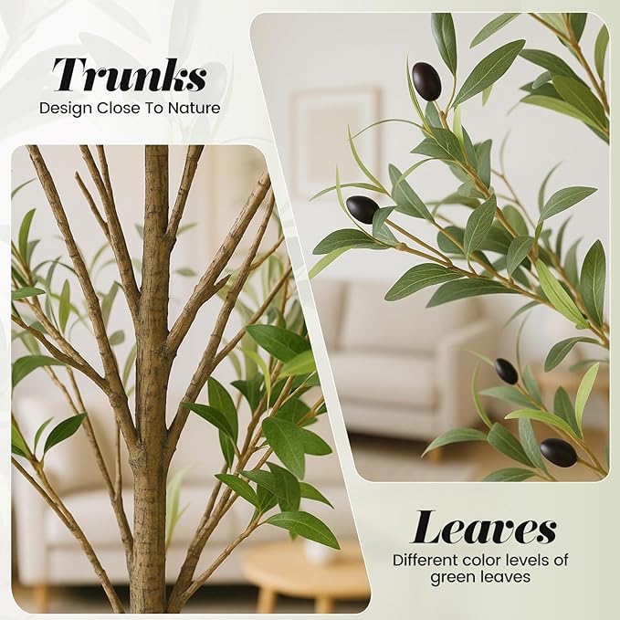 7FT Artificial Olive Tree Indoor Tall Realistic Faux Olive Tree with Plastic Planter, Fake Silk Tree with Handcrafted Branches & Fruits, Large Fake Plant for Home and Office Decor