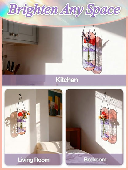 Stained Glass Plant Propagation Stations - Handmade Sunshine Catcher Hydroponic Planter Window Hanging with Glass Tubes, Christmas Terrarium Decor Gifts for Women Mom Plant Lovers, Red