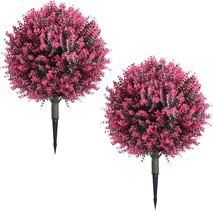 23 Inch Artificial Eucalyptus Topiary Balls Tree, UV Resistant Faux Boxwood Trees with Ground Spike, Perfect for Indoor & Outdoor Garden, Porch, Front Door, and Home Décor, Set of 2