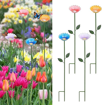 hogardeck Garden Decor for Outside, 4 Pcs 25.8" Metal Bee Watering Station, Flower Design with Stakes, Butterfly Feeder Bird Bath for Outside Yard Patio Lawn (Blue, Yellow, Pink, White)